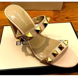 BCBGenration Beige Sandal with Block Heel and Gold Studs